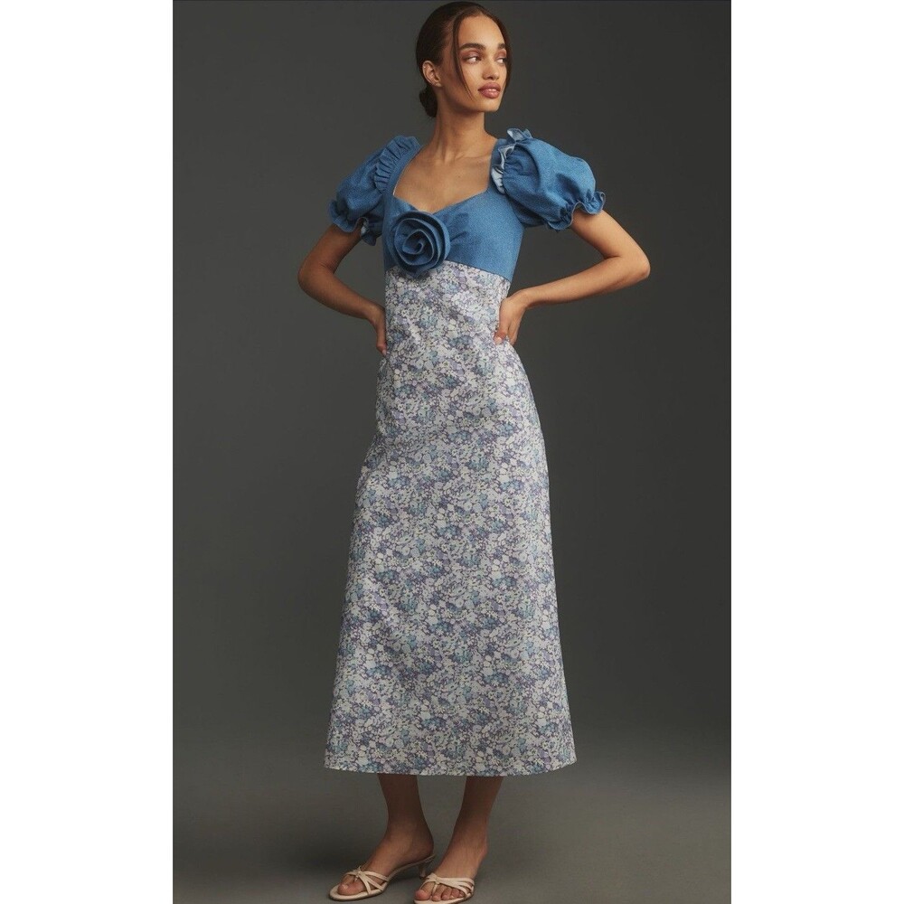English Factory Midi Dress Women Blue Denim Rosette Preppy Retro Boho Medium NWT